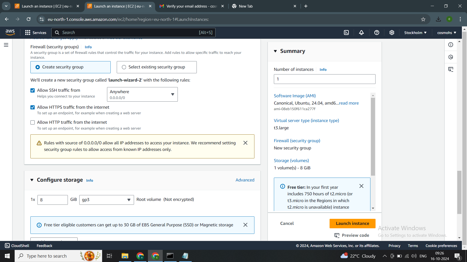  AWS by configuring SSH, HTTP, and HTTPS access for the Ubuntu 24.04 instance